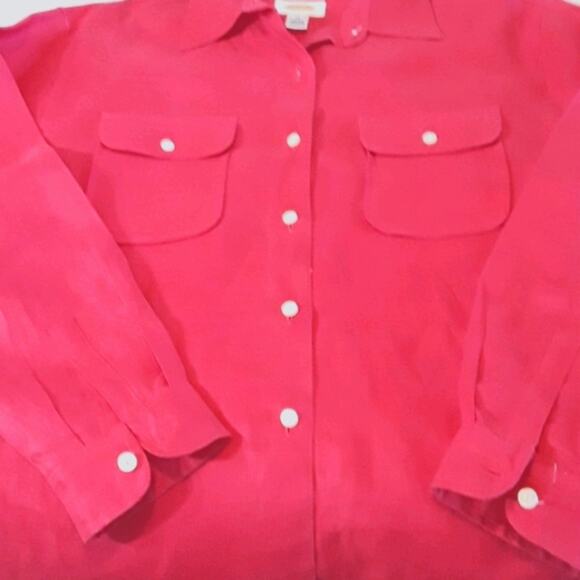 Women Sz 10 Red 100% Irish Linen Fairy Long Sleeve Button Up Pockets Talbots Top - Picture 5 of 10